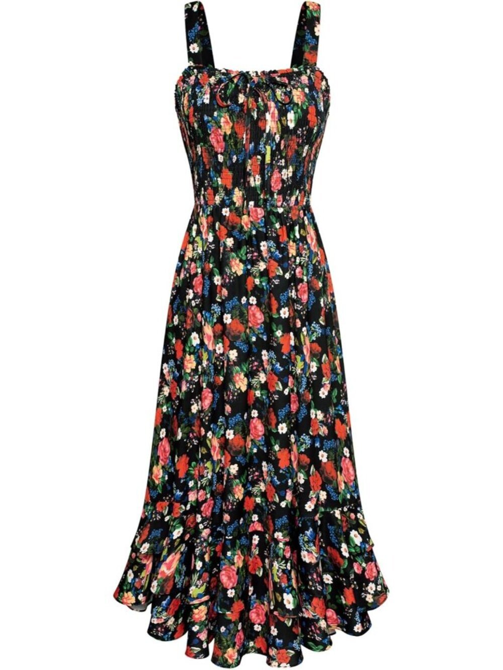 Women's Black Floral Square Neck Strapped A LINE Floral Boho Long Maxi Dress